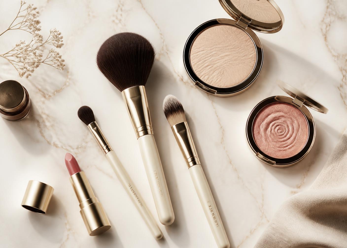 Pincéis de maquiagem profissionais e produtos em tons nude
